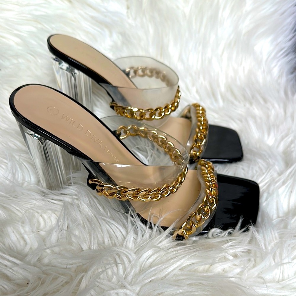 Wild Diva Square Toe Patent Leather Black and Gold Chain High Heels Sandals 7